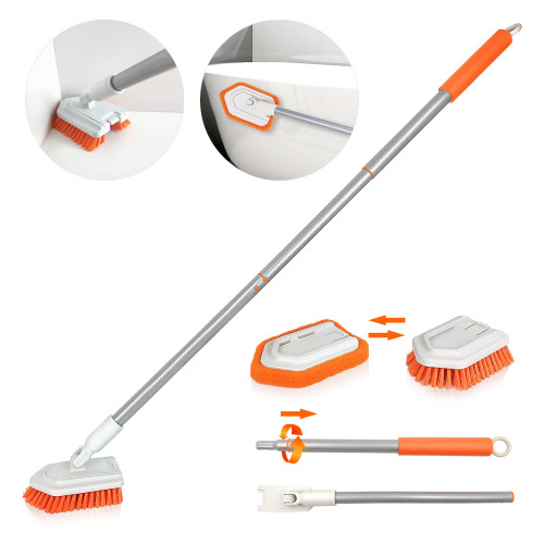 JEHONN 2-in-1 Tub and Tile Cleaning Brush with Long Handle, Shower Scrubber with Detachable Stiff Bristle Scrub Brush and Sponge Head for Bathroom, Bathtub, Floor