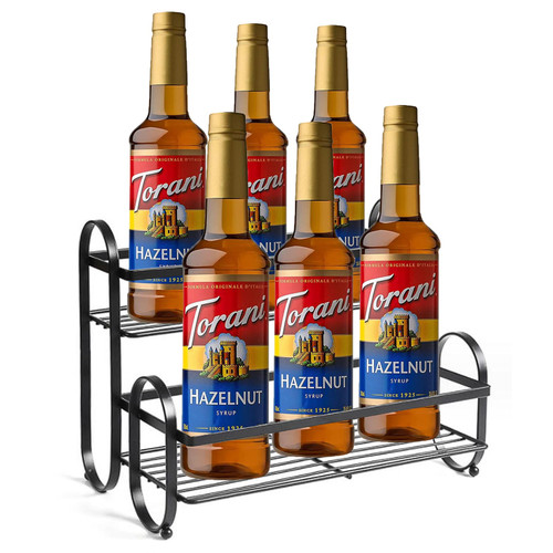 6 Bottle Capacity Coffee Syrup Organizer Rack, Durable 2 Tier Coffee Syrup Stand Shelf, Black Countertop Wine Bottle Rack for Coffee Bar Kitchen, Bar Family Storage for Syrup Wine Dressing Cocktail