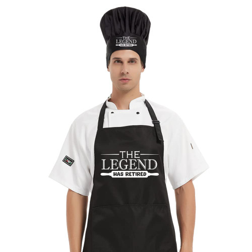 DYJYBMY The Legend Has Retired Chef Hat and Apron Set, Funny Cooking Grilling Apron Gift for Men Woman Dad Mom, Gift for Dad, Husband, Boyfriend, Chef, Retirement gift, Adjustable Size