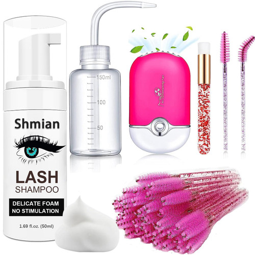 Shmian Lash Shampoo for Lash Extensions, Lash Fan 50ml Eyelash Foam cleanser with 50 Pcs Eyelash Brush and Rinse Bottle Oil Free/Sulfate Free Eyelash Wash Remover For Eyelash Extension Makeup, Rose