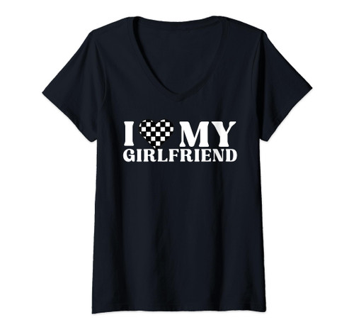 I Love My Girlfriend Checkerboard Heart V-Neck T-Shirt