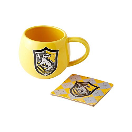 Hufflepuff Hogwarts House Crest Yellow and Black 16 ounce Glossy Ceramic Harry Potter Mug and Coaster Set