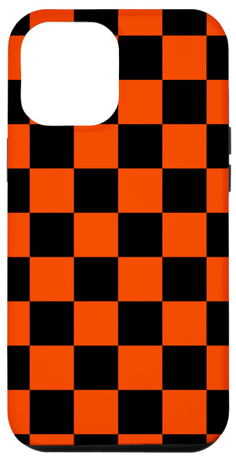 iPhone 14 Pro Max Black Orange Checkerboard Pattern Checkered Racing Flag Case
