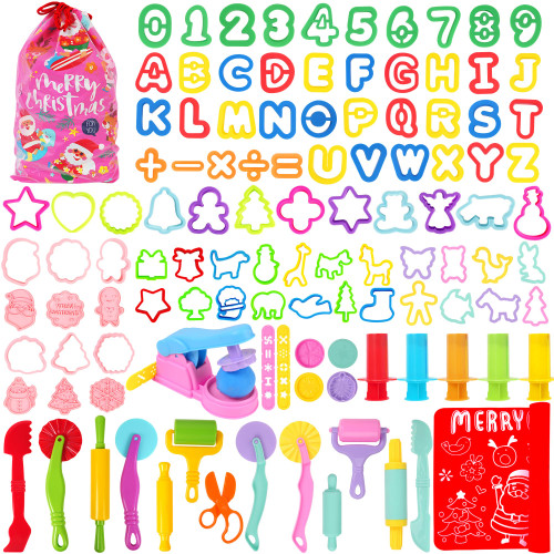 Oun Nana Playdough Accessories, Christmas Play Dough Tools Kit for Kids, Playdough Toys with Cutters Molds Numbers Letters Stamps Extruders Scissors Rollers Rolling Pins Dough Mats and Storage Bag