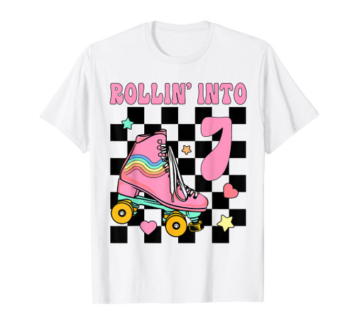 Rolling Into 7 Years Old Roller Skating Girl 7th Birthday T-Shirt