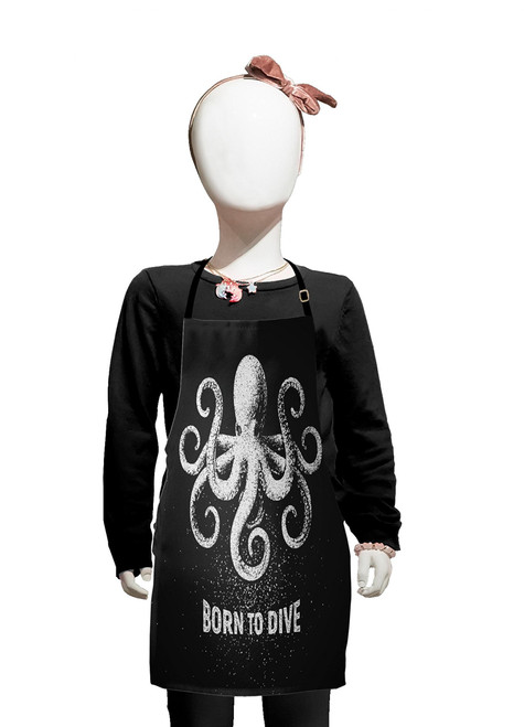 Lunarable Octopus Apron, Chalk Tentacle Animal on Charcoal Grey Background and Born to Dive Words, Small Apron Bib with Adjustable Ties for Baking Painting, Small Size, Charcoal Grey White
