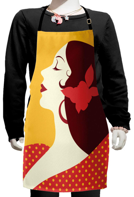 Ambesonne Spanish Apron, Flamenco Woman in Retro Polka Dot Dress with Flower in Her Hair Rhythm Dancer, Small Apron Bib with Adjustable Ties for Baking Painting, Small Size, Earth Yellow Red