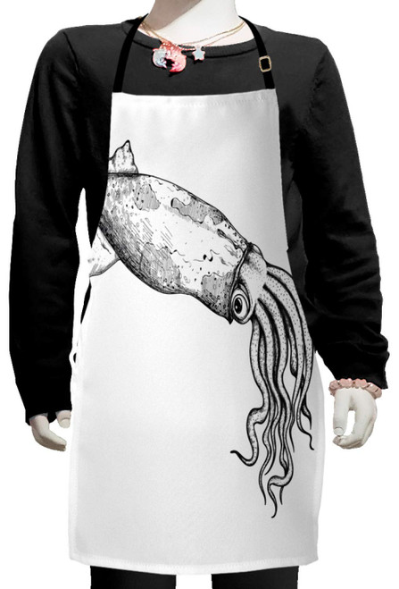 Lunarable Squid Apron, Hand Drawn Squid Illustration Marine Life Themed Sketch Animals Vintage Design, Small Apron Bib with Adjustable Ties for Baking Painting, Small Size, Grey and White