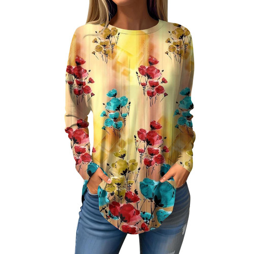 Shusuen Long Sleeve for Women Long Sleeve Sweatshirt Print Graphic Crew Neck Pullover Flowy Hem Tunic Womens Tunic Tops Dressy Casual Blouse Casual T Shirts?1-Yellow,3X-Large?