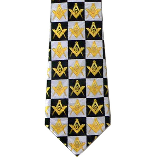 Masonic Neck Tie - Black & White & Gold Polyester Long tie w/Compass & Square Checkerboard Masonic Pattern - Freemasons