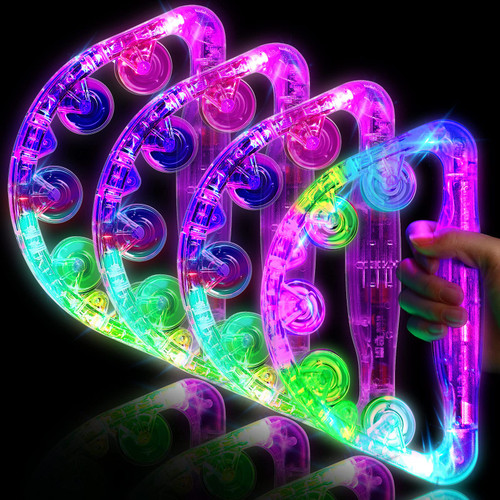 4 Pieces Large Size Light up Tambourine Musical Flashing Tambourine Handheld Glow Tambourine Percussion Instrument for Men and Women Party Toys, Random Colors