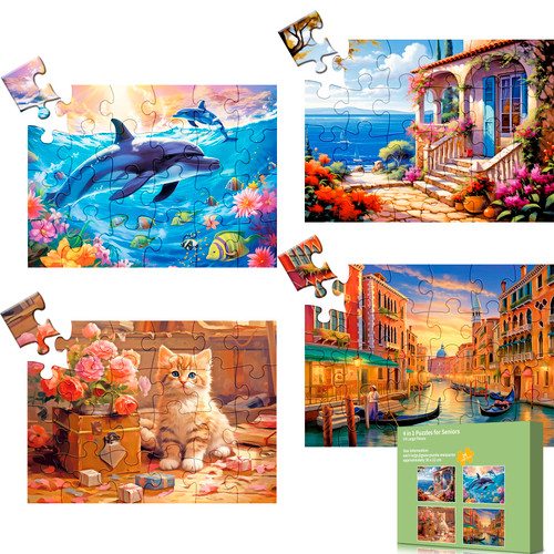 4 Pack 24 Large Piece Puzzle for Seniors, Alzheimer's Cognitive Jigsaw Puzzles for Elderly, for Dementia Easy Fun Puzzles Memory Game with 4 Storage Bags
