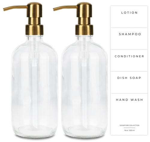 Emerson Soap Dispenser, Dish Soap Dispenser for Kitchen Sink - Soap Dispenser Bathroom Set, Hand Soap Dispenser, Kitchen Soap Dispenser Set, Glass Soap Dispenser with Pump and Labels, 16 Oz | 2-Pack