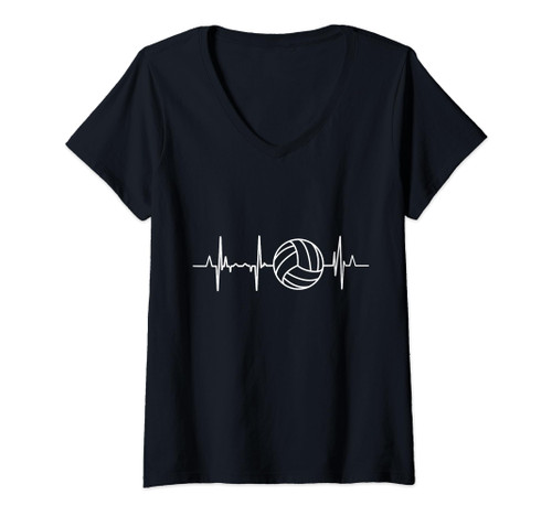 Womens Volleyball Heartbeat ECG Pulse Line Volleyball Player V-Neck T-Shirt