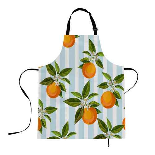 Mugod Oranges Funny Apron Seamless Citrus Pattern on Light Blue and White Striped Background Adjustable Neck Kitchen Apron for Men Women Cooking Baking BBQ Grilling 27"x31"