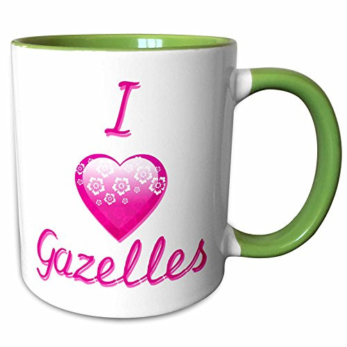 3dRose 121549_7 Pretty Pink Flowery I Love Gazelles Mug, 11 oz, Green