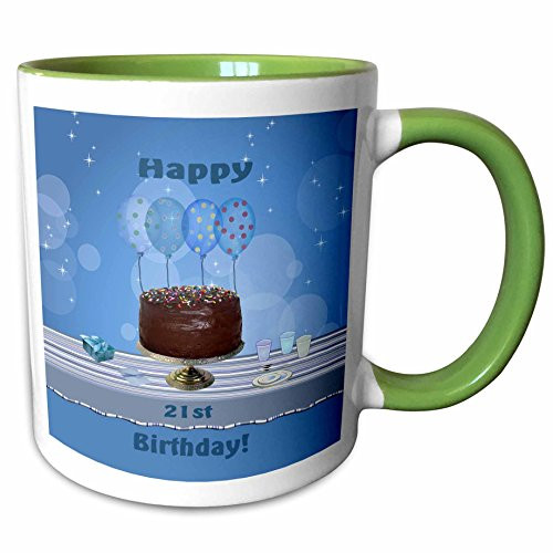 3dRose 123907_7 21St Birthday Party With Chocolate Cake And Blue Balloons Mug 11 oz