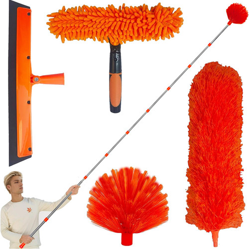 20+ Feet High Reach Duster Kit with 3-14 ft Spliceabl Pole, High Ceiling Dusting and Window Cleaning Kit // Window Washer & Squeegee, Cobweb Duster, Feather Duster for Cobweb & Wall Dust Remover