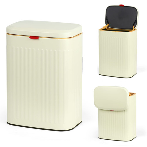 VIGIND Hanging Trash Can Compost Bin with Lid for Kitchen Cabinet Door,Stainless Steel Countertop Compost Bin with Removable Inner Bucket,Wall-Mounted Kitchen Garbage Can (Ivory/2.1 Gal)