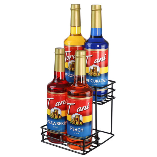 4 Bottles Coffee Syrup Rack Organizer Syrup Bottle Holder Stand for Coffee Bar Station, 2-Tier Countertop Storage Rack for Kitchen, Freestanding Tabletop Liquor Wine Rack for Dressings Cocktail(Black)