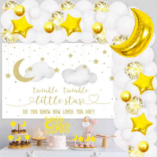 Cheereveal Twinkle Twinkle Little Star Baby Shower Decorations White Balloon Garland Kit Star and Moon Foil Balloons Twinkle Twinkle Little Star Backdrop Cake Toppers Supplies