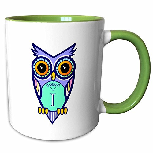 3dRose 241070_7 Initial Letter I Cute Owl in Turquoise Pink and Lavender, Green Mug 11 oz