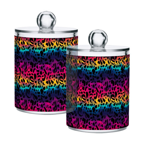 2 Pack Qtip Holder Dispenser with Lids, Rainbow Leopard Plastic Storage Containers,Bathroom Canisters Organizer for Cotton Ball, Cotton Swab, Cotton Round Pads, Floss 21216731