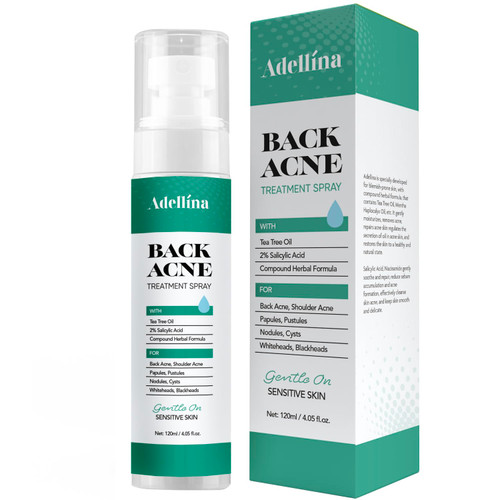 Adellina Back Acne Treatment Spray, Back Acne Spray, Body Acne Treatment Salicylic Acid Spray, Body Acne Spray, Proactive Acne Treatment with Tea Tree Oil plus Niacinamide, 4 oz