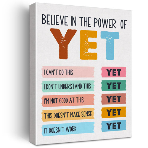 Mental Health Wall Art Canvas Painting Growth Mindset Print Framed I Believe in the Power of Yet Canvas Sign for Therapy Office Counselor Office Decor (12x15 Inch)