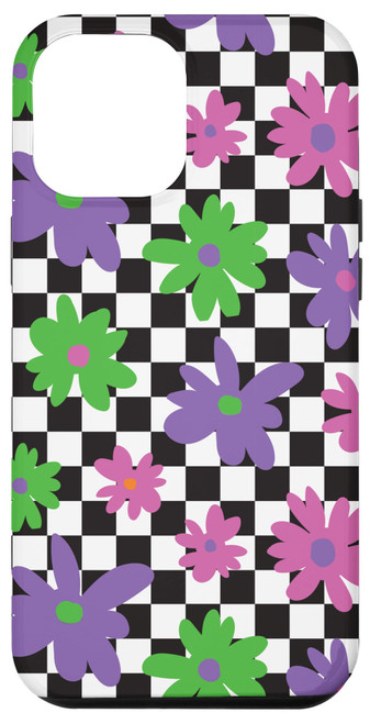 iPhone 12 Pro Max Floral Checkerboard Pattern / Pink Green Purple Flowers Case