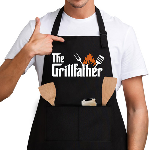 Jxubeuro The Grillfather,Funny Chef Apron,Funny Apron cooking for Men with 2 Tool Pockets,Adjustable Straps,Waterproof and OilProof,Cooking Grilling BBQ Apron,Grilling Gifts for Dad