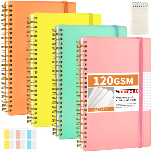 Smarpau 4 Pack Spiral Journal Notebook 5.7 X 8.3 College Dotted Notebook 75 Sheets / 150 Pages Per Notebook Large College Dot Grid Journal 4 Subject Notebook for School Work