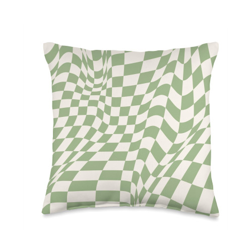 Sage Green Checkered Swirl Checkerboard Aesthetic Sage Green Checkered Swirl Checkerboard Retro Aesthetic Throw Pillow, 16x16, Multicolor