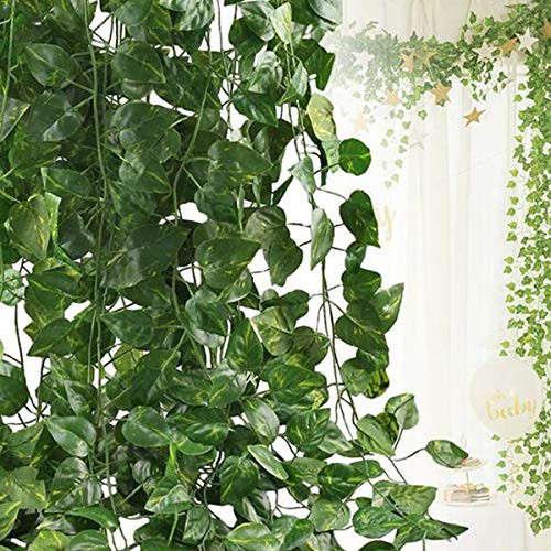 Artificial Ivy Leaf Plants Vine, 12 Strands 87 Feet Artificial Garlands Fake Foliage Flowers Hanging Vine for Home Kitchen Garden Office Wedding Party Wall Decor