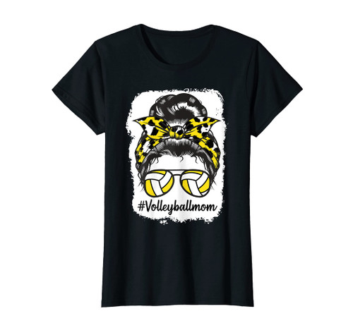 Womens Bleached Volleyball Mom Messy Bun Yellow Leopard Print T-Shirt