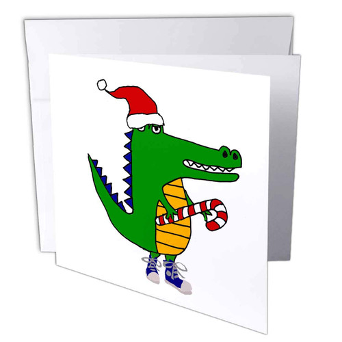 3dRose Silly Funny Alligator in Santa Hat with Candy Cane Christmas Art - Greeting Card, 6 by 6-inch (gc_263844_5)