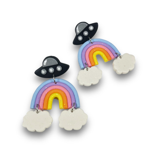 Cute Ufo Alien Rainbow Earrings Kawaii Polymer Clay Handmade Earrings Cute Ufo Alien Rainbow Earrings Kawaii Polymer Clay Handmade Earrings