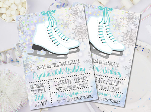 Aqua Ice Skating Birthday Party Invitations With Envelopes