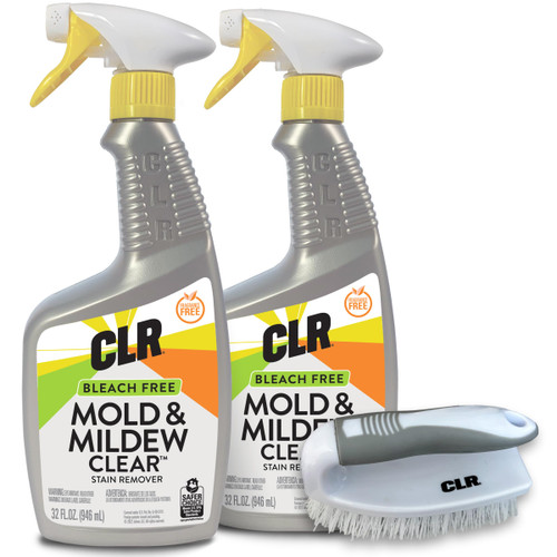 CLR Mold & Mildew Clear Bleach-Free Stain Remover Spray - 32 Ounce Spray (Pack of 2) with Brush