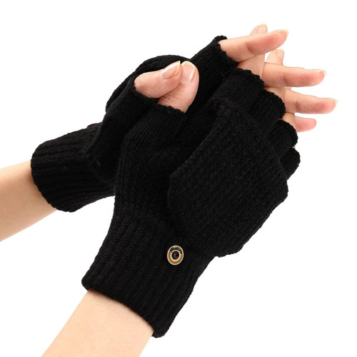 FUDERU Winter Fingerless Gloves Warm Convertible Mittens Flap Cover Warm Mitten Glove for Men Women