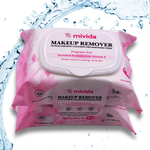 mivida Hypoallergenic Makeup Remover Wipes 2 Pack of 25 Count | Facial Cleansing Make up Remover Face Wipes with Vitamin E | Fragrance Free, Alcohol Free wipes | Total 50 Count