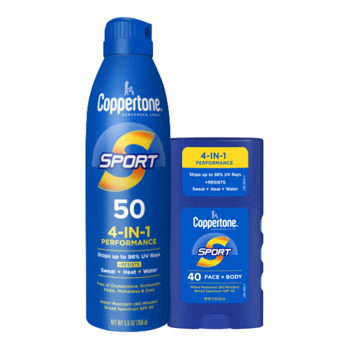 Coppertone Sport Sunscreen Spray, Broad Spectrum SPF 50 Water Resistant Spray Sunscreen, 5.5 Oz and Coppertone Sport Sunscreen Stick, SPF 40, 1.5 Oz Coppertone Sport Sunscreen Spray, Broad Spectrum SPF 50 Water Resistant Spray Sunscreen, 5.5 Oz and Coppertone Sport Sunscreen Stick, SPF 40, 1.5 Oz