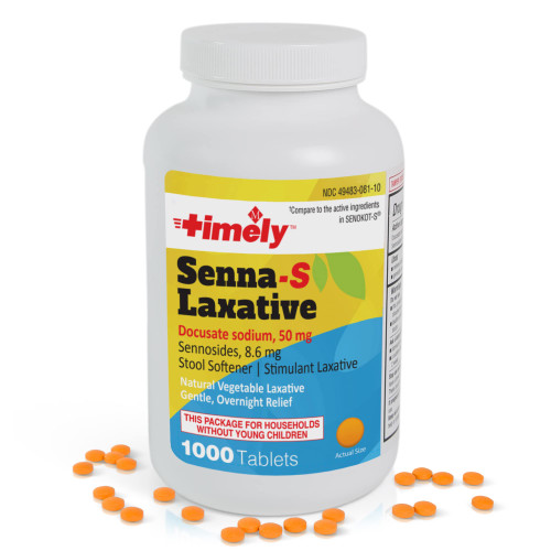 Timely Senna S Laxative - 1000 Count Tablets - Compared to the Active Ingredients in Senokot-S - Natural Vegetable Based Laxatives for Constipation Relief, Gentle Overnight Relief and Stool Softener