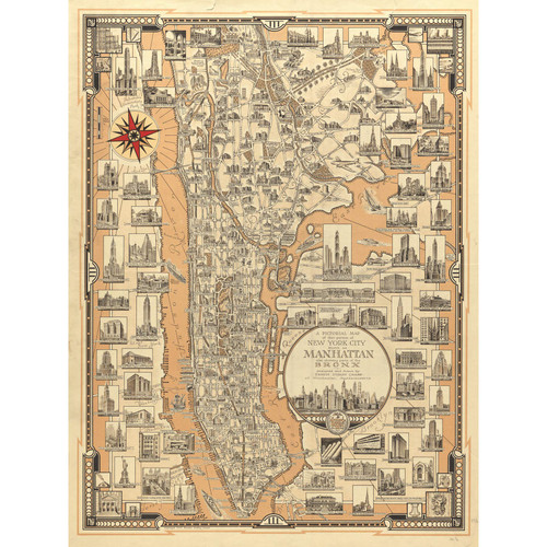 Chase 1939 Pictorial Map NY Manhattan Bronx Large Wall Art Print Canvas Premium Mural