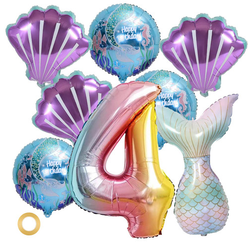 QEEYON 8Pcs Mermaid Birthday Decoration, Colorful Mermaid Foil Balloons Set, Number 4 Digital Balloons Mermaid Tail Balloon Sea Shells Balloons Helium Foil Balloons for Baby Shower Birthday Party QEEYON 8Pcs Mermaid Birthday Decoration, Colorful Mermaid Foil Balloons Set, Number 4 Digital Balloons Mermaid Tail Balloon Sea Shells Balloons Helium Foil Balloons for Baby Shower Birthday Party