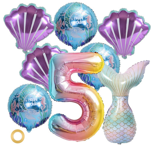 QEEYON 8Pcs Mermaid Birthday Decoration, Colorful Mermaid Foil Balloons Set, Number 5 Digital Balloons Mermaid Tail Balloon Sea Shells Balloons Helium Foil Balloons for Baby Shower Birthday Party QEEYON 8Pcs Mermaid Birthday Decoration, Colorful Mermaid Foil Balloons Set, Number 5 Digital Balloons Mermaid Tail Balloon Sea Shells Balloons Helium Foil Balloons for Baby Shower Birthday Party