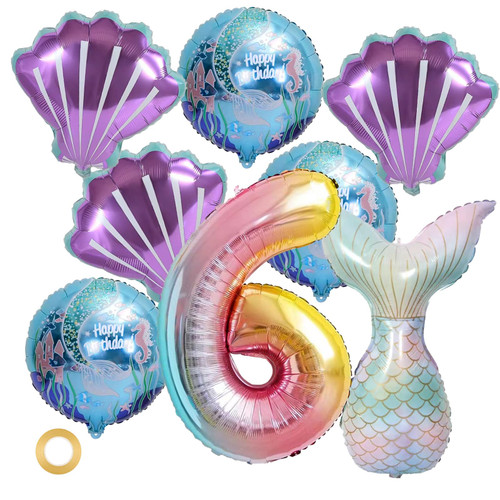 QEEYON 8Pcs Mermaid Birthday Decoration, Colorful Mermaid Foil Balloons Set, Number 6 Digital Balloons Mermaid Tail Balloon Sea Shells Balloons Helium Foil Balloons for Baby Shower Birthday Party QEEYON 8Pcs Mermaid Birthday Decoration, Colorful Mermaid Foil Balloons Set, Number 6 Digital Balloons Mermaid Tail Balloon Sea Shells Balloons Helium Foil Balloons for Baby Shower Birthday Party