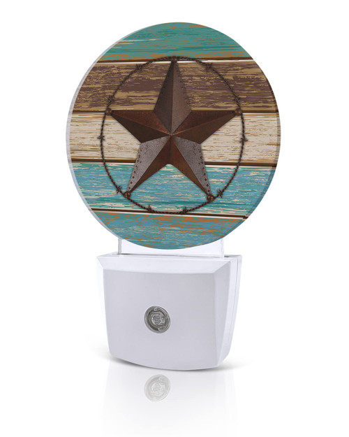 Farm Rustic Western Star LED Night Lights Plug-in Nightlight with Auto Dusk to Dawn Sensor,Retro Brown Teal Wooden Board Round Lamp for Bedroom,Hallway,Bathroom