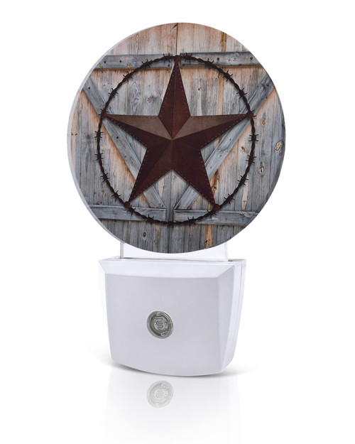 Rustic Western Star on Wooden Door LED Night Lights Plug-in Nightlight with Auto Dusk to Dawn Sensor, Retro Wood Barn Brown Round Lamp for Bedroom,Hallway,Bathroom