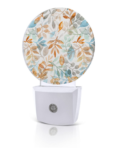 ILYBEEN Abstract Watercolor Fall Leaves LED Night Lights Plug-in Nightlight with Auto Dusk to Dawn Sensor, Botanical Foliage on White Round Lamp for Bedroom,Hallway,Bathroom